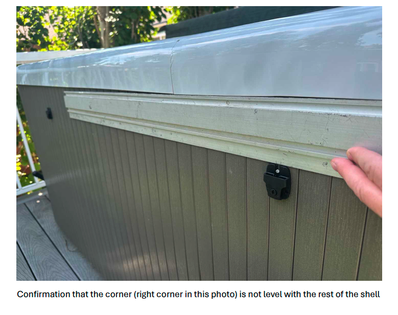 Corner of shell raised — not level with rest of the shell despite engineer-certified level deck