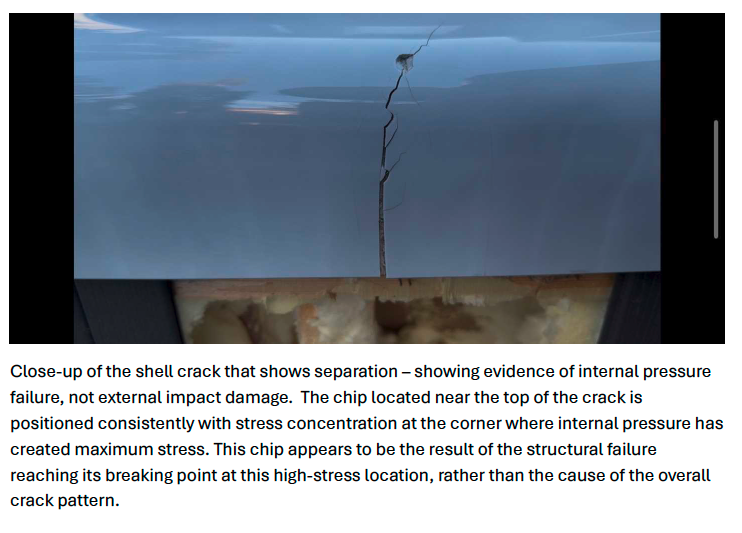 Shell crack showing separation — evidence of internal pressure failure, not external impact